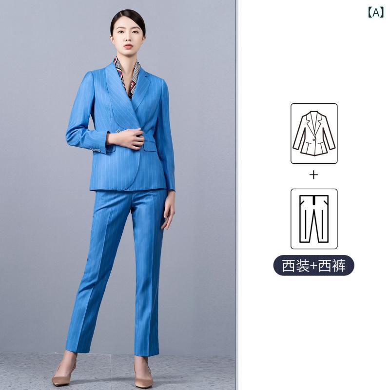レディース ジャケット ブルーストライプ グレー ストライプ ウール 混 ポリエステル 素材 通勤 ビジネス 女性服 気質 スタイル 長袖 コート 秋冬 シーズン セットアップ 風 職業装 ミックス ファブリック 軽量 快適 着こなし コーディネート｜リメイクバディー
