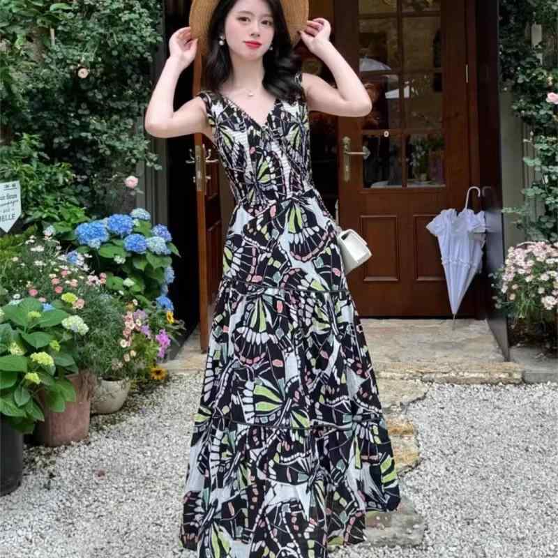 ワンピース 女性用 夏 印花 Vネック 中腰 ウエストシェイプ スリム 無袖 中長丈 直線スカート セットイン コットン ポリエステル 混合 素材 日韓 カジュアル シンプル スタイル 快適 普段使い 通勤 デイリー ウェア セットアップ なし 単品 軽｜リメイクバディー