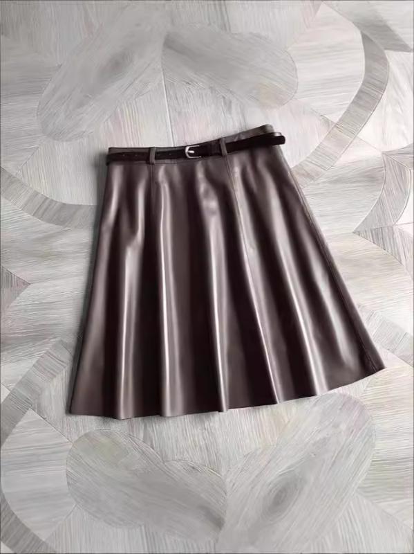 スカート レディース 秋冬 羊革 半身スカート 高腰 Aライン ミドル丈 フレア 切り替え 黒 コーヒー 通勤 気質 微弾力｜リメイクバディー