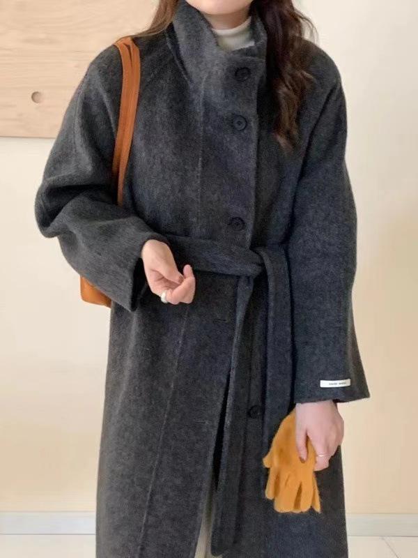 コート レディース 羊毛 リバーコート スタンドカラー ボタン ベルテッド ビッグシルエット 韓国風 秋冬 上品｜リメイクバディー