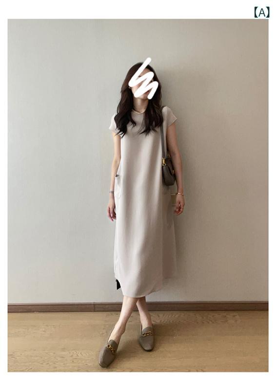 衣装 レディース 短袖 ロング丈 H型 ラウンドのど首 ファスナー ゆったり 衣嚢 付き添い人 抗シワ アセテート衣料繊維 黒 薄墨色 通い 表現スタイル 夏 精神状態 風