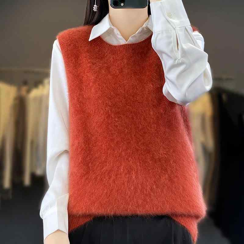 ニットベスト レディース ノースリーブ ベスト カシミヤ混 ウール混 チョッキ トップス 秋冬 保温性 高級感 厚手 防寒 シンプル 無地 レイヤード 重ね着｜リメイクバディー
