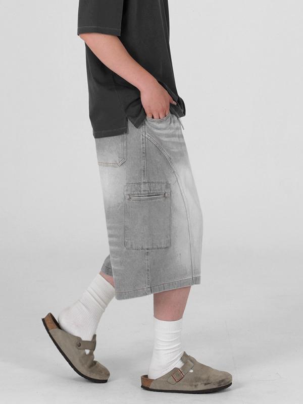メンズ デニム ショートパンツ 男性用 牛仔 中丈 膝上 ワイド ルーズ フィット ストレート レッグ コットン 素材 マイクロ ストレッチ ライト グレー カラー ポケット 装飾 ウエスト バンド ベルト 付き ミドル ライズ イージー クロージャー |リメイクバディー