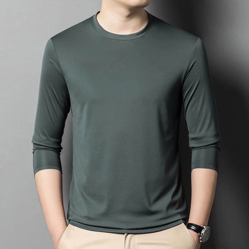メンズ Tシャツ 長袖 丸首 純色 桑蚕絲 中年男性 合体型 春秋 透気 防皺 耐磨 高彈 白色 黒 墨緑 日常 軽ビジネス セットアップ ミリタリー ベーシック コットン風 ストレッチ ラウンドネック クルーネック ソフト 軽量 インナー レイヤード |リメイクバディー