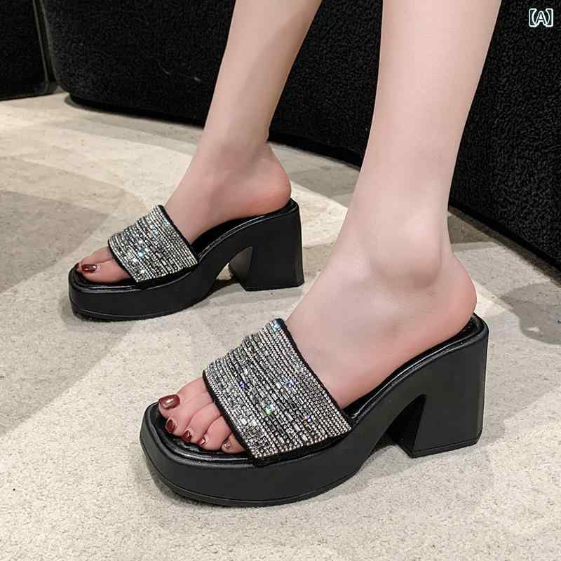 サンダル 女性用 厚底 粗底 ヒール ストラップ 韓国風 2025 春夏 方頭 ラインストーン 装飾 黒 米色 PU 素材 ゴム底 無内里 夏用 通用｜リメイクバディー