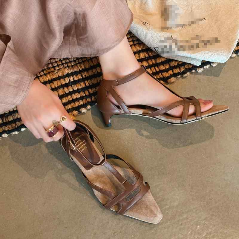 Tストラップサンダル 女性用 羊皮 翻毛皮 オープン toe 3.5cm 中ヒール 蛍光緑 方頭 細ヒール 牛筋底 豚皮内張り 韓風 夏 軽量 通気性 日常使い 歩きやすい スタイリッシュ｜リメイクバディー