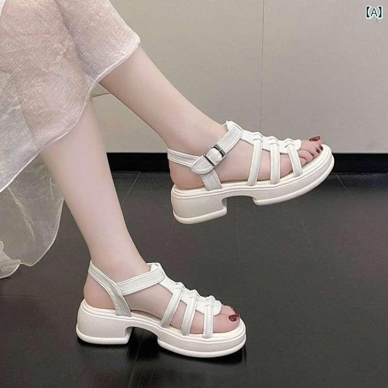 女性用 厚底 魚嘴サンダル ワイドストラップ 粗ヒール ファッション サマービーチシューズ 米白 黒 夏用 軽量 PU素材 発泡ゴム底 韓国スタイル セットオン ローマンサンダル オープントゥ ビーチサンダル 女性靴 夏シューズ 厚底サンダル 魚嘴シュー｜リメイクバディー