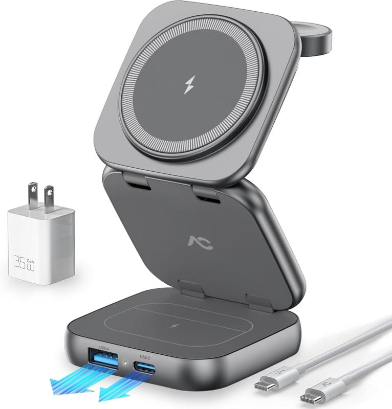 AC ISLAND 無線電話申し受ける器 5台等しく 磁石式 magsafe照明ランプ｜兼容 iPhone/Apple Watch/AirPods 相応う申し受けるステイション 卓上 折りたたみ 軽銀アロイ 旅する執務室用（35W GaNアダプタ付）