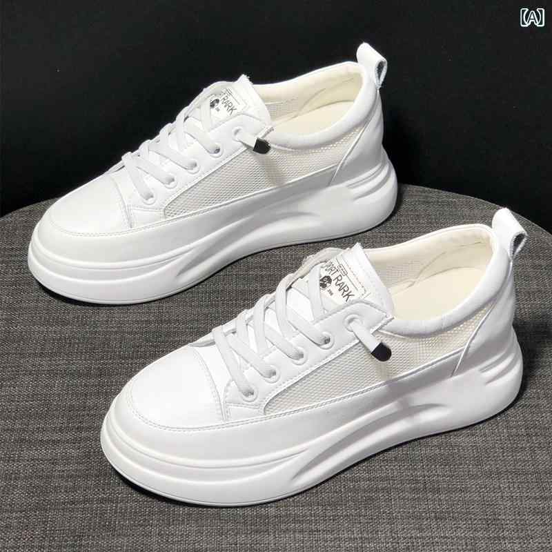 スニーカー レディース ひと肌 キャンヴァス 厚底 5珊 8珊 透け感 メッシュ クロスストラップ 雨合羽 尖頭 滑っこい 夏 日常 白いこと 黒 白 軽さ 通気性 伸縮性 ポリウレタン底 網状内部 猪皮インソール 純色 韓国風 日常使い走り 歩き分かりやすい 今めかしい