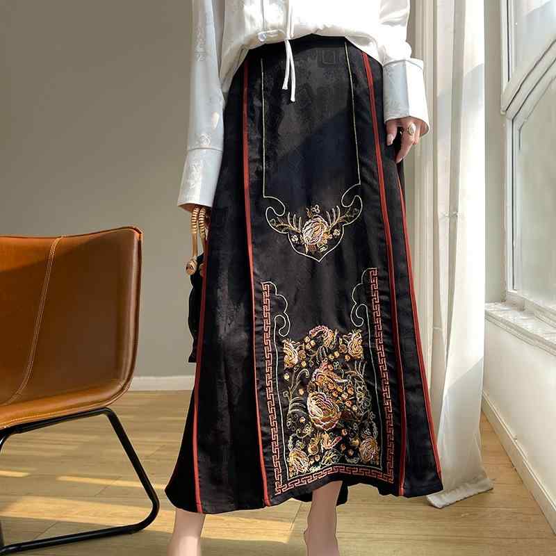 半身スコート 成人女性用 漢服風 人魚スコート 刺しゅう 花柄 刺しゅう製作 地絹 麻 原材料 交ぜ合わせる 百褶 筋目 中長丈 黒 学習能力 表現スタイル 人となり 通い 表現スタイル 微柔軟性 3D 立体 柄 オール時節 可愛らしい 成人女性向け