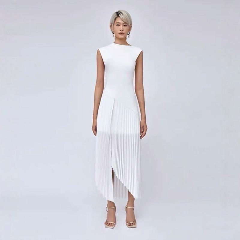 ワンピース 春夏 百褶スカート 切り替え スカート丈 修身 丸首 ノースリーブ 高腰 3Dパターン ポリエステル 気質 優雅 白 黒 長め プレーツ プリーツ フレア 無袖 ドレス フォーマル ロング｜リメイクバディー
