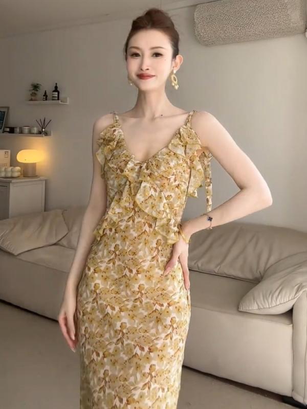 衣装 レディース 夏 吊り紐 ロング丈 フレンチ表現スタイル 偉大さ 花柄 刷り上げる 姜黄 ?? ポリエステル 95% 以上 日韓 表現スタイル 休? 無領 否色つや 無袖 ノースリーブ スコート ロング ロングスコート