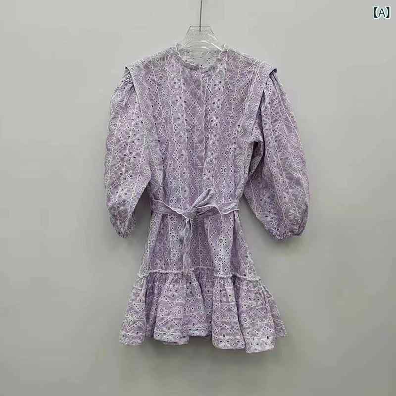 ワンピース レディース 春夏 刺繍 花柄 幾何柄 綿 ポリエステル 繊維 切り抜き デザイン ラウンドネック フリル エッジ ゆったり スカート シルエット 泡泡袖 七分丈 中腰 フック 花 刺繍 気質 通勤 スタイル 優雅 デザイン|リメイクバディー