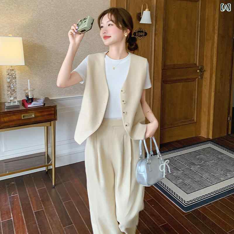 レディース 西装風 セットアップ 馬甲 Tシャツ 長ズボン 3点セット 通勤 スタイル 気質 ワイドレッグ 純色 褶 ポリエステル 素材 涼しい 夏 ファッション 女性 無袖 長袖 裾丈 クロップド 袖丈 3分丈 涼感 涼快 軽量 吸湿 速乾 機能 快適｜リメイクバディー 10,076円