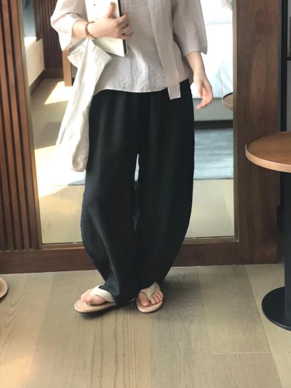 レディース ワイドパンツ 100%リネン 高腰 直筒型 長ズボン 切り替え デザイン 天然素材 垂感 ゆったり スタイル 日常使い 軽量 通勤 カジュアル アイボリー 黒 夏 2025年|リメイクバディー