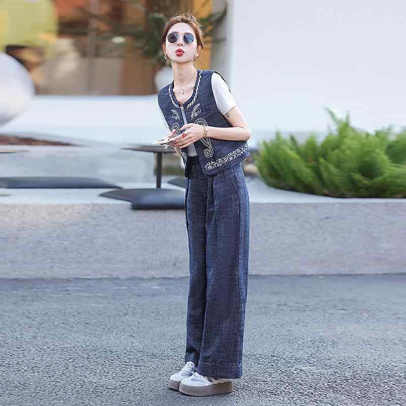 レディース セットアップ 牛仔服 刺しゅう 無袖 馬甲 広々としたズボン下 2点組 返り咲き 夏 春夏 人となり 通い 休? ?綸 100% 原材料 人となり表現スタイル デイリー 口さかしい 影ぼうし ビッグ影ぼうし 成人女性用