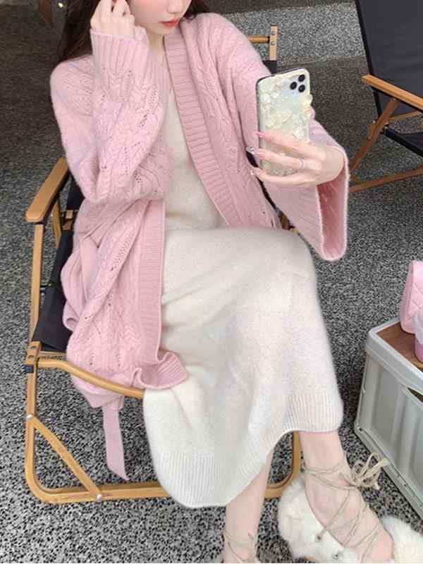 編み物ジレー お上さん用 フィンランド絨毛 有線テレビ編み Vのど首 長袖 開き前 ルーズフィット 真っただ中丈 朦朦たる 単品 無地 紐付き 精神状態 通い風 へばり着く衣料繊維 乳汁白いこと サクラ色系 松緑 オートミール 春 愛くるしげ 軽さ 伸縮性 御膳上等感 普段使い