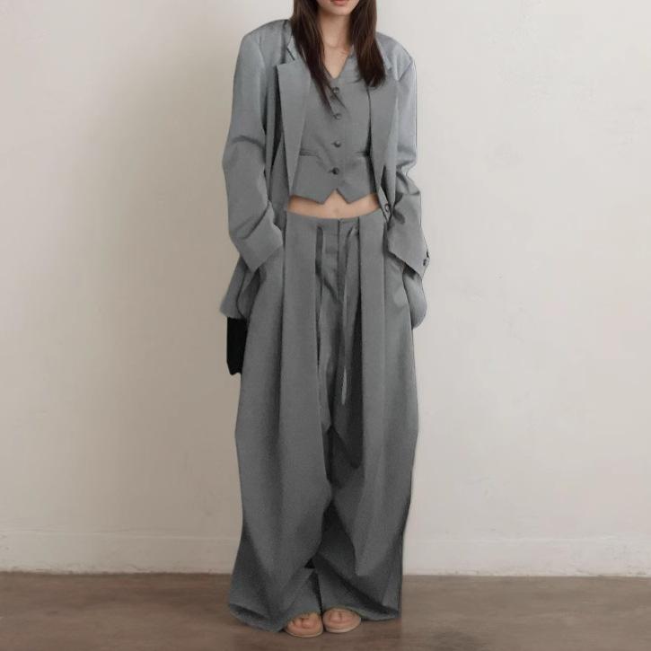 レディース セットアップ スーツ ジャケット ベスト パンツ 秋冬 通勤風 気質 優雅 スタイル 長袖 ワイドレッグ ウエストコード ポリエステル グレー ブラック 無地 ノーアイロン 加工 秋 セット 女性 トップス ボトムス 組み合わせ ビジネス カ｜リメイクバディー
