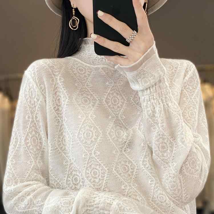 トップス レディース 春夏 シフォン シャツ レース ニット 長袖 半高領 網ヤーン インナー 切り抜き デザイン ゆったり シルエット 純色 柄 提花 加工 かわいい スタイル 快適 日常使い｜リメイクバディー