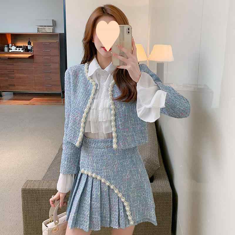 レディース セットアップ 小香風 粗花・希 上衣 プルオーバー midiスコート 三点仕掛ける 人となり 通い 表現スタイル 抽象化 刷り上げる モダール 衣料繊維 長袖 太陽フレア捩り 青色 杏色 サクラ色 その他-レディースファッション