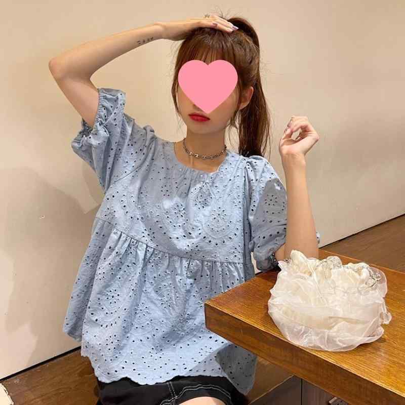 レディース プルオーバー 短袖 泡泡袖 青写真 ラウンドのど首 ゆったり 影ぼうし 透け感 刺しゅう スピード競技 かざり付ける 米白 ?? ポリエステル 衣料繊維 アセテート 混 春陽 私服刑事 表現スタイル 御姐風