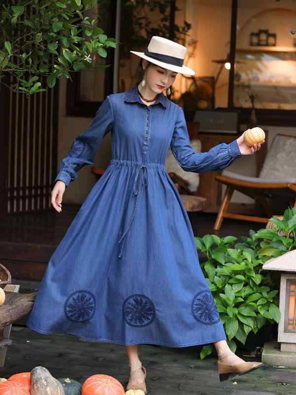 ワンピース レディース 秋冬 ポロ襟 Aライン 長袖 長丈 コットン デニム 刺繍 植物花柄 復古風 民族風 ボタン 中腰 基礎款 単品 文?スタイル｜リメイクバディー