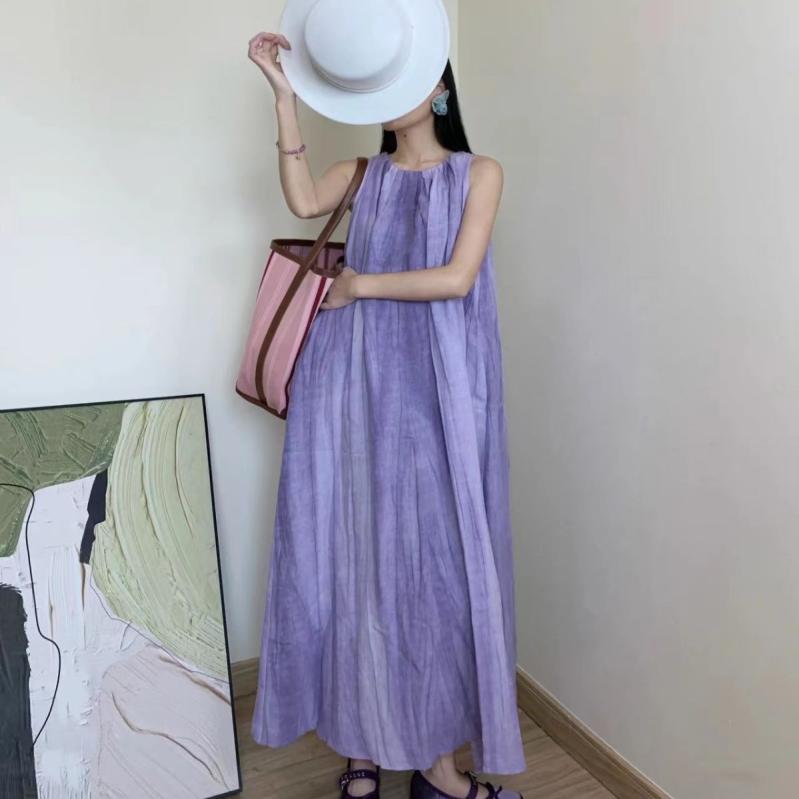 ワンピース 背心連衣裙 レディース 麻 再生繊維 無袖 中長 スカート 夏 丸首 ゆったり腰 プリーツ グラデーション タイダイ 琉金 モネ紫 ・屎脂 グラデーション柄 ゆったりシルエット 日韓カジュアル 原宿スタイル｜リメイクバディー
