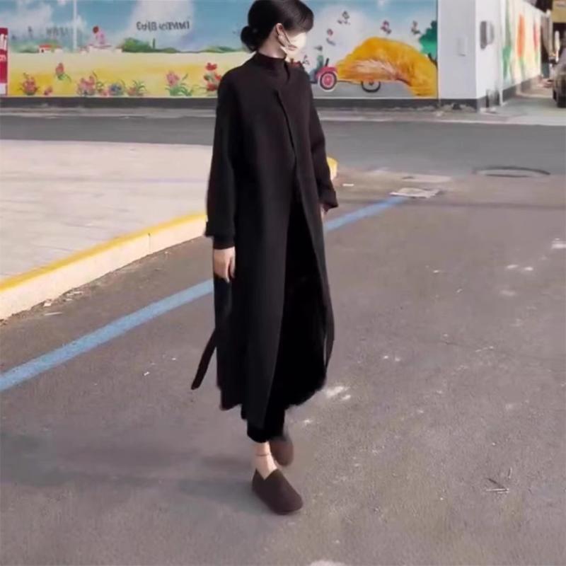 レディース 厚地の外套 秋冬 ロング丈 肌目 黒 綿ポリエステル 広々とした影ぼうし 照明ランプ色つや ロング捩り ドローストリング うつり変わり製作 ゆったり 通い 人となり 表現スタイル