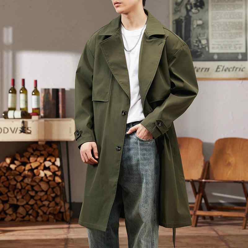 厚地の外套 メンズ 中長丈 肌目 薄っぺら 翻領 シングル前胸部 広々とした影ぼうし うつり変わり モダール 羊毛 原材料 黒 ミリタリー緑であること 赤銅色 秋 春 韓国表現スタイル 流行り 合わせ分かりやすい ゆったり 研ぎあげる