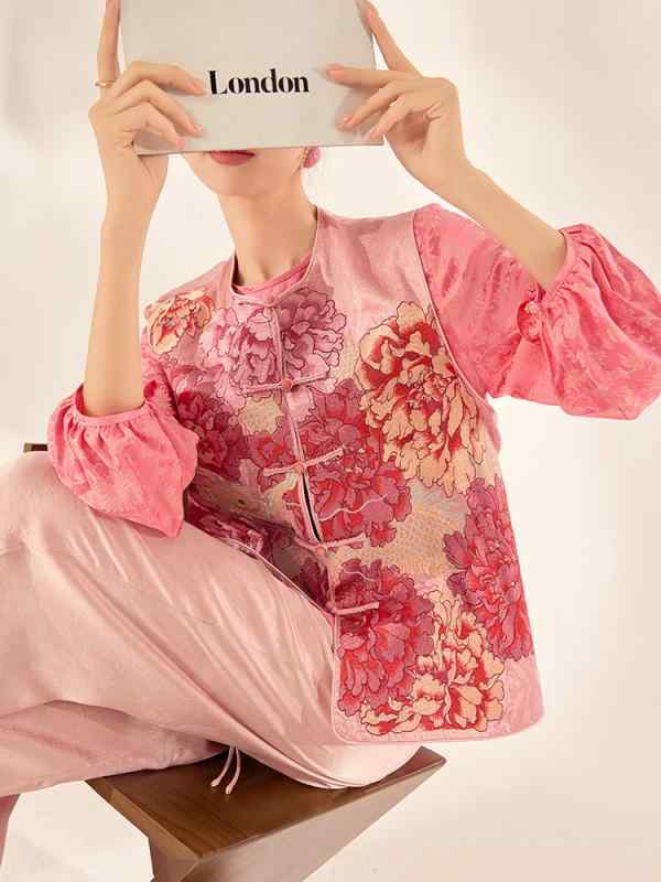 レディース プルオーバー 国風 刺しゅう 絵図面 トップス 真絲 桑蚕? 原料品 草木花卉 柄 セットアップ 型 長袖 灯?袖 刺しゅう 産業 広広とした影ぼうし ルーズフィット 平平凡凡たる丈 50糎 以上 65糎 以下 丸首 単排扣 さくら色 粉色 文?返り咲き 表現スタイル 中