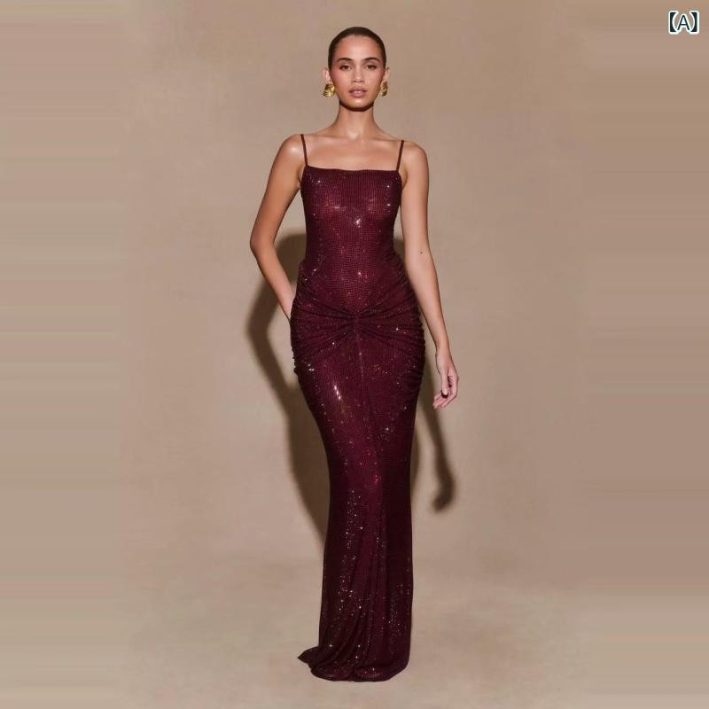 ワンピース レディース 吊り紐 タイプ 無袖 ロング丈 中腰 修身 シルエット プリーツ デザイン セクシー 背中開き ラインストーン 装飾 紫 グレー 甘辛 スタイル 私服 名媛 気質 パーティー ドレス 礼服 ポリエステル 素材 春 シーズン｜リメイクバディー