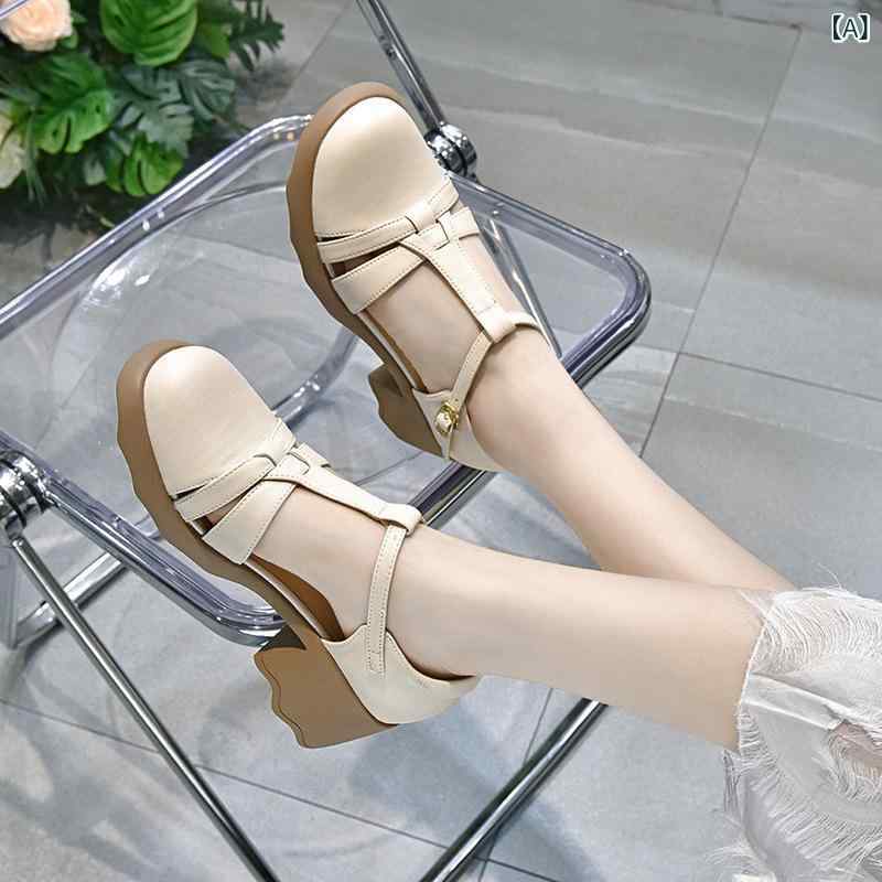 サンダル レディース 人はだ 厚底 ラウンドトゥ 同盟罷業一回り 牛皮 ソフトソール 米白 黒 杏 夏 軽さ 通気性 好いたらしい 歩き分かりやすい 知らん顔 表現スタイル ポリウレタン底 尖頭 ひな型