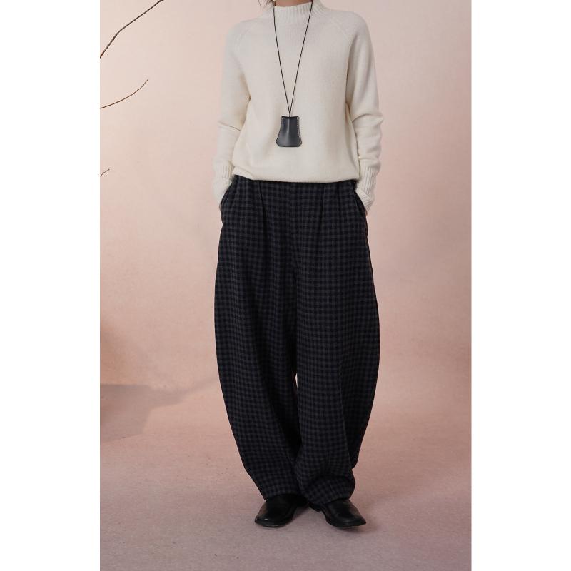 パンツ レディース 秋冬 日系 復古 羊毛 格子柄 ハイウエスト ワイドレッグ 九分丈 厚手 コットン混紡 ポリエステル混紡 藍灰色 コーンシェイプ ゆったり スリム効果 日常 通勤 デイリー ゆったり シルエット コージー スタイル クラシック ファッ|リメイクバディー