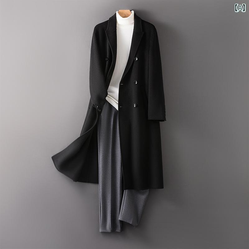 厚地の外套 メンズ 秋冬 100%毛糸 ロング丈 膝下丈 ダブル乳ぶさ ラペル色合い フリース原料品 中長丈 組みあわせる型 普通厚 日常使い走り 黒 茶 ベージュ 純色 名取り草かざり付ける 横ずっぽう衣嚢 円味下? 手縫い 24-35歳向け 中年向け