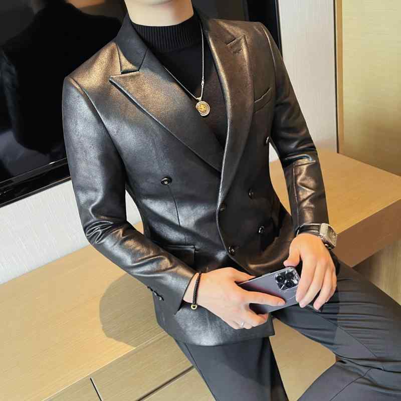 メンズ 皮上衣 西装? 修身 ダブル前胸部 開・楷 痩身 流行り 今めかしい 心地好い アウター PU 黒 軍緑 珈琲 三春 兄ちゃん 免? 多口袋 側仕立てもの衣嚢 直下? 練りあわせる型 決まり切った丈 外穿 2025 烏兎