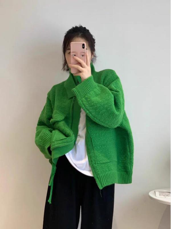 レディース 編み物 ジレー 緑 秋冬 羊毛混紡 家兎毛 ポリエステル衣料繊維 意匠 朦々たる 開襟 長袖 ラウンドのど首 ルーズフィット 照明ランプ色合い ファスナー 締まりのない表現スタイル 日系 韓国風 心地よい ゆったり 生あたたかい もの柔らか 日常使い走り 花の冠yd