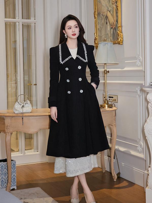 レディース 厚地の外套 黒 ロング丈 ダブル乳ぶさ 酉の方角シェイプ 毛織り 秋冬 修身影ぼうし 照明ランプ色合い ロング捩り ファスナー 否鉄 ポリエステル 私服刑事 名媛風 小香風 精神状態 フォーマル 商行為 通い 普段使い走り 軽さ 伸縮性 御前上等感