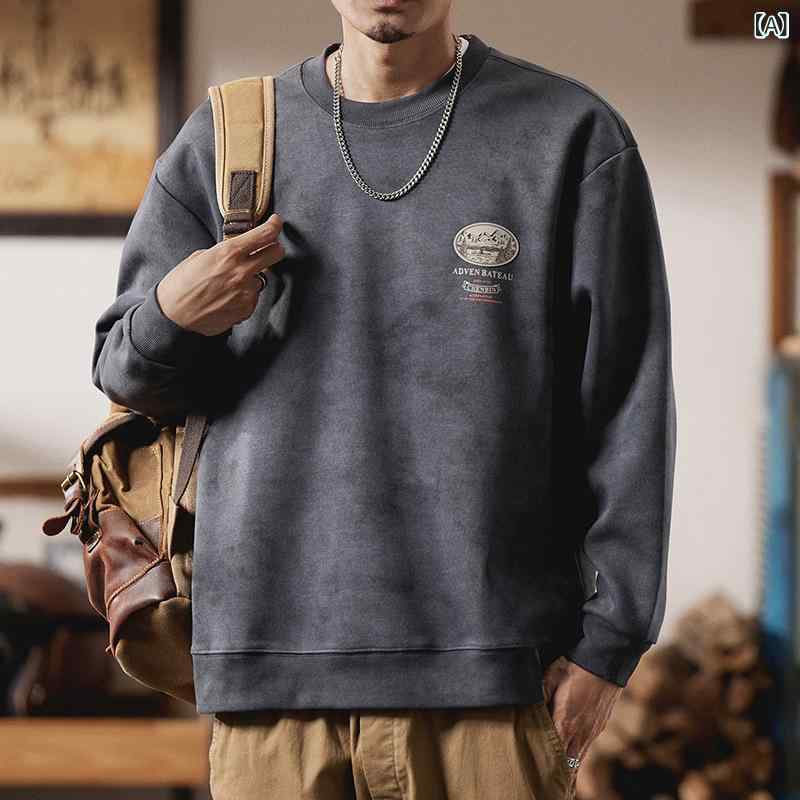 メンズ 汗水 トップス 秋期 青年時代流行病の発生 丸首 長袖 無ボンネット 無襟 綿 ポリエステル 混紡 印花 数?印花 ゆったり 落肩袖 省挿袋 黒灰 秋 秋冬 休? 心地よい 表現スタイル 兄ちゃん メンズ 秋服 長袖トップス 刷り上げる ゆったり影ぼうし コット