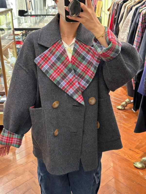 厚地の外套 レディース 秋冬 羊毛混 透かし彫り柄 通い アウター 紫系 赤系