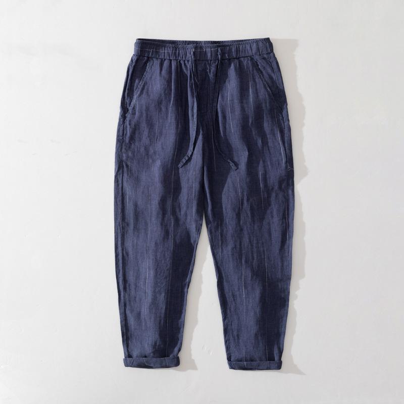 カジュアルパンツ メンズ 春夏 薄手 麻 ストライプ 直筒 九分丈 M L XL XXL XXXL 灰色 青 快適 通年 青年用｜リメイクバディー