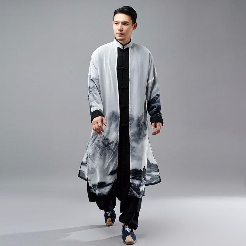 麻凡 春夏 中華風 綿麻 メンズ 遮陽 長袖 プルオーバー 黒