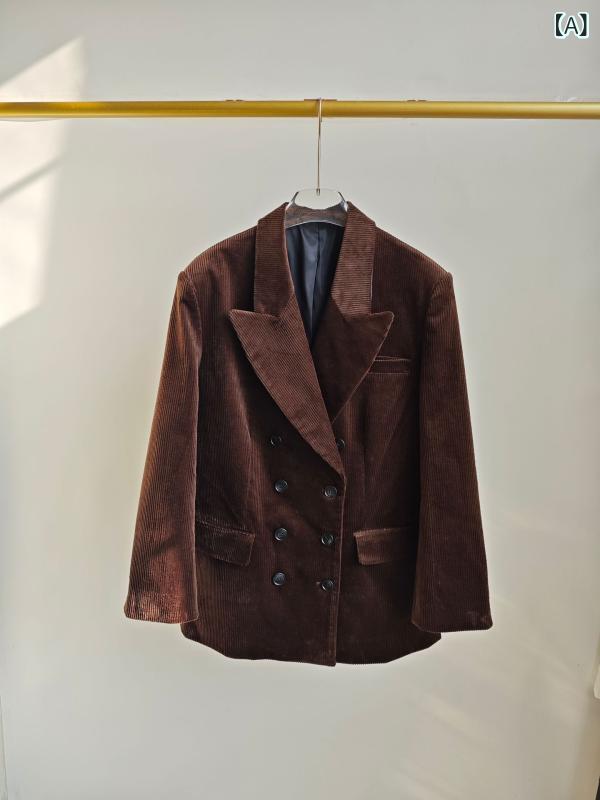 亜米利加の レ トロ khaite 秋冬の お上さんの 背広の コール天の ダブル 名取り草の 濃い茶 色の ゆったり した 形の 背広の 厚地の外套