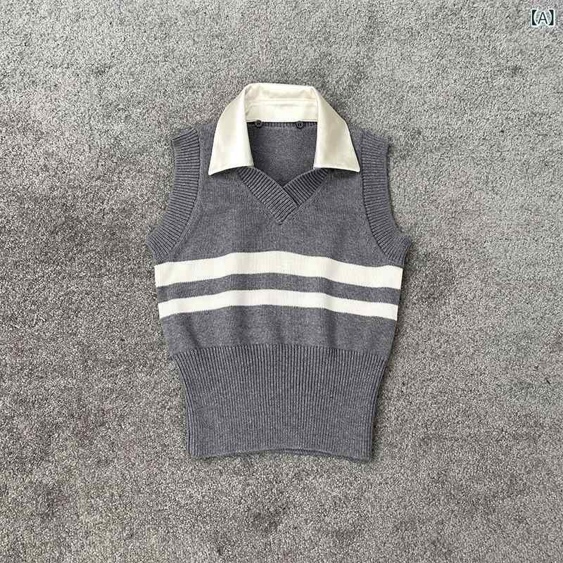 【 クリアランス 返品 取り替えっこ 不可】 縞模様 単科大学 風 V のど首 ティーシャツ ベストシャツカラーベストノースリーブトップス お上さん 用