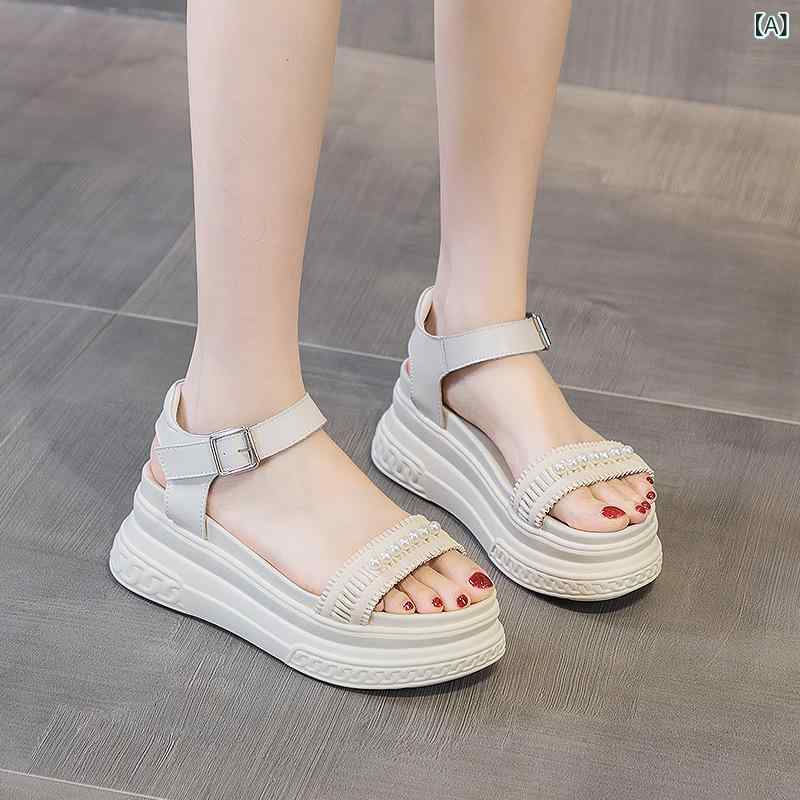 成人女性用 夏用 サンダル 厚底 7糎 厚底 米色 黒 丸頭 永遠の都風 松・啾 バックル 2層牛革 牛皮 牛スエードクロス 除く 浙江温州 生み出すこと 履き方 バックル 裏なし 軽さ 好いたらしい 流行り物 心地好い 百搭 日常使い走り 通い デイリー 流行り 表現スタイル