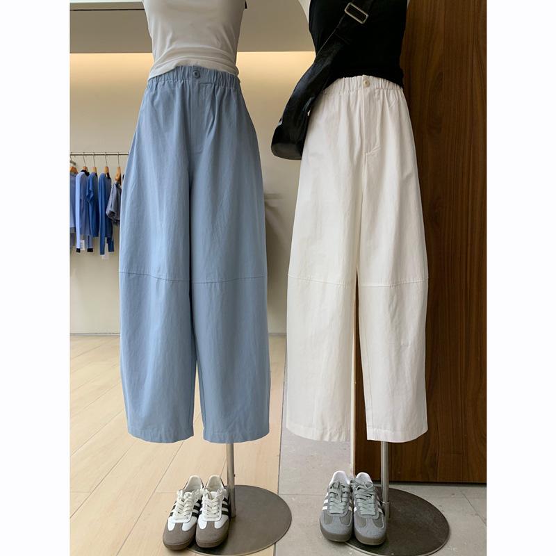 カジュアルパンツ レディース バルーンパンツ 燈籠パンツ ワイドパンツ サルエルパンツ ズボン ボトムス ゆったり 体型カバー 美脚 着痩せ 綿 コットン 伸縮性 ウエストゴム 春夏 薄手 ブルー 米白 カーキグレー 普段使い デイリー 通勤 通学｜リメイクバディー