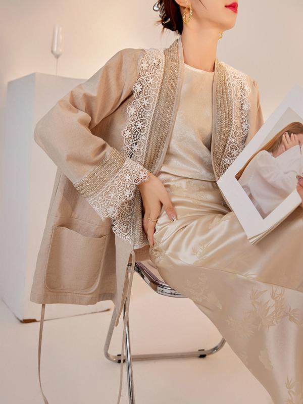 上衣 レディース アウター 厚地の外套 羽織り 秋 冬 秋冬 20代 30代 40代 成年者 心地よい 女子らしい 小香風 Ｖのど首 長袖 ゆったり 綿麻 綿織物 リネン 幾何学学柄 スピード競技 うつり変わり 生産ライン石ころ カーキ