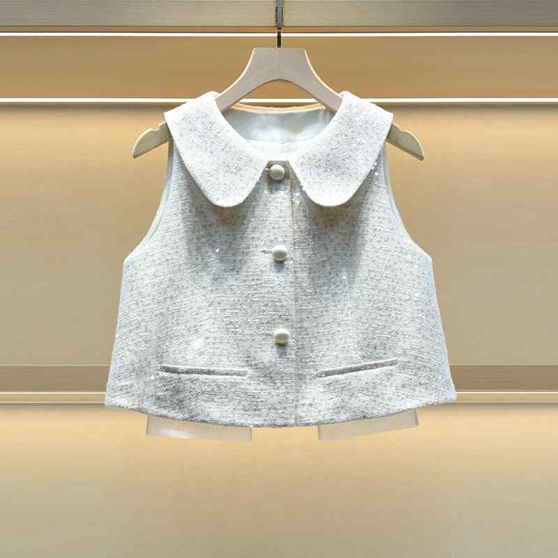 上衣 レディース ノースリーブ 遊撃手丈 襟付き添い人 スパンコール 前食い違い 名取り草 アウター トップス 羽織り ツィード風 心地よい 女子らしい 雅びやか 成年者 執務室 通い 会う約束 お出かけ ベージュ 青色 春夏 炎節