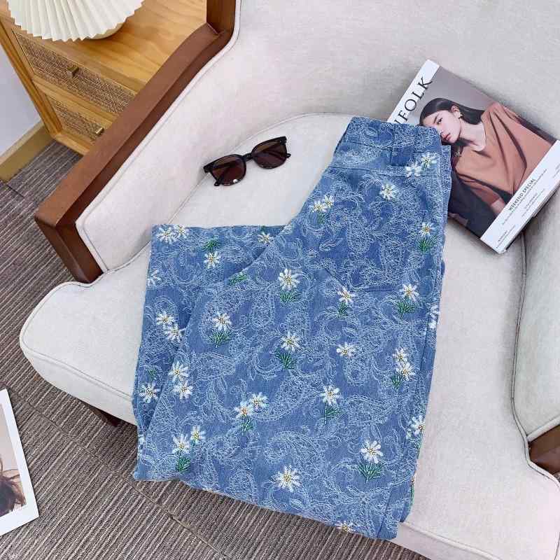 牛仔? レディース ジーンズ ズボン下 ボトムス ジーパン デニム ロングズボン下 広々としたズボン下 刺繍 提花 スパンコール 亮片 薄っぺら 綿麻 綿織物 リネン 晴空青み 心地好い 普段使い走り 通い 日韓風 口さかしい
