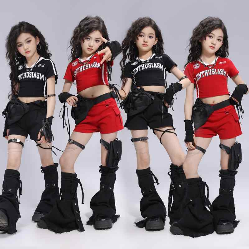 社交ダンス御召しもの 御嬢さん キッズ セットアップ 半袖 ティーシャツ 遊撃手ズボン下 さる股引き 書き割り 赤 黒 スパンデックス ガールズ 御居処跳ねる ズージャー社交ダンス 韓国風 表どおり 上演 告げ知らせる会 運動すること 読み合わせる着 夏