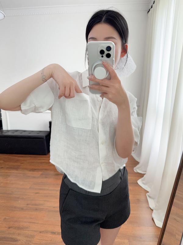 プルオーバー レディース トップス リネン 半袖 春夏 麻 綿麻 襟付き添い人 ロールアップ 前食い違い 薄っぺら 防紫外線 UVとり捨てる 普段使い走り 執務室 心地よい 好いたらしいめ 伸縮性 無地 黒いこと 名取り草